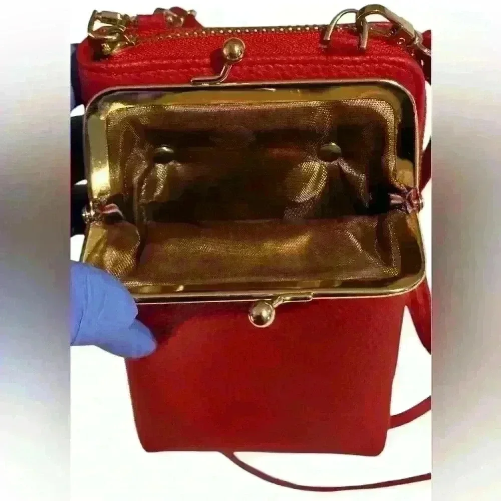 A Forever Young red woman’s,Crossbody bag / wallet with attached iPhone carrier.